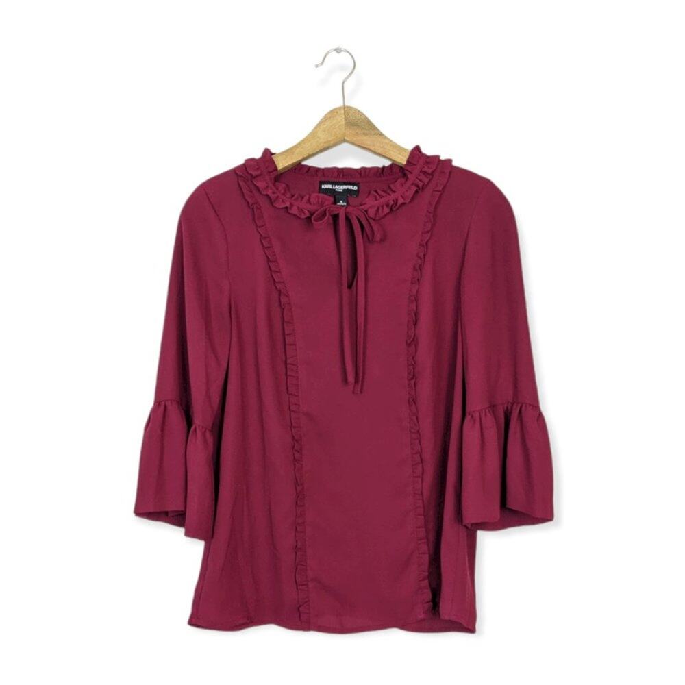 Karl Lagerfeld Burgundy Ruffle Neck Bell Sleeve Blouse